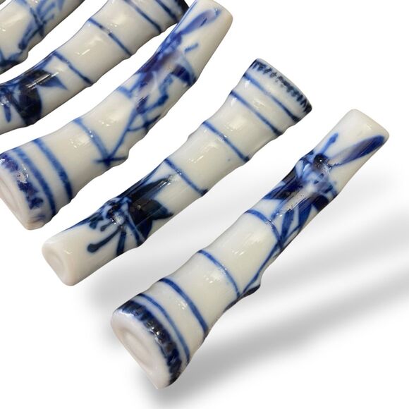 Japanese Blue & White Porcelain Ceramic Chopstick Rests Set of 6 Bamboo Pattern - Picture 2 of 5